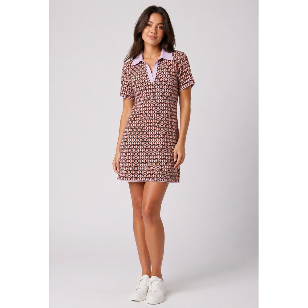 EUC! Bohme Women's Y2K Retro Mod Geo Jacquard Knit Polo Mini Dress, Lavender, S